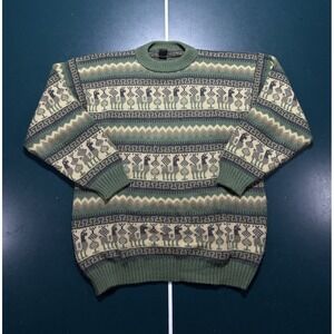 Alpaca‎ Sweater Men's Medium Green Llama Pattern Crewneck Knit Peruvian Aztec